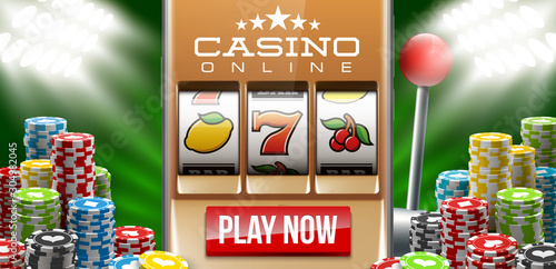 Illustration banner of mobile online casino application with 777 big win slot machine. Realistic advertising poster with online mobile app casino and Jackpot 777. Play now in One Armed Bandit banner