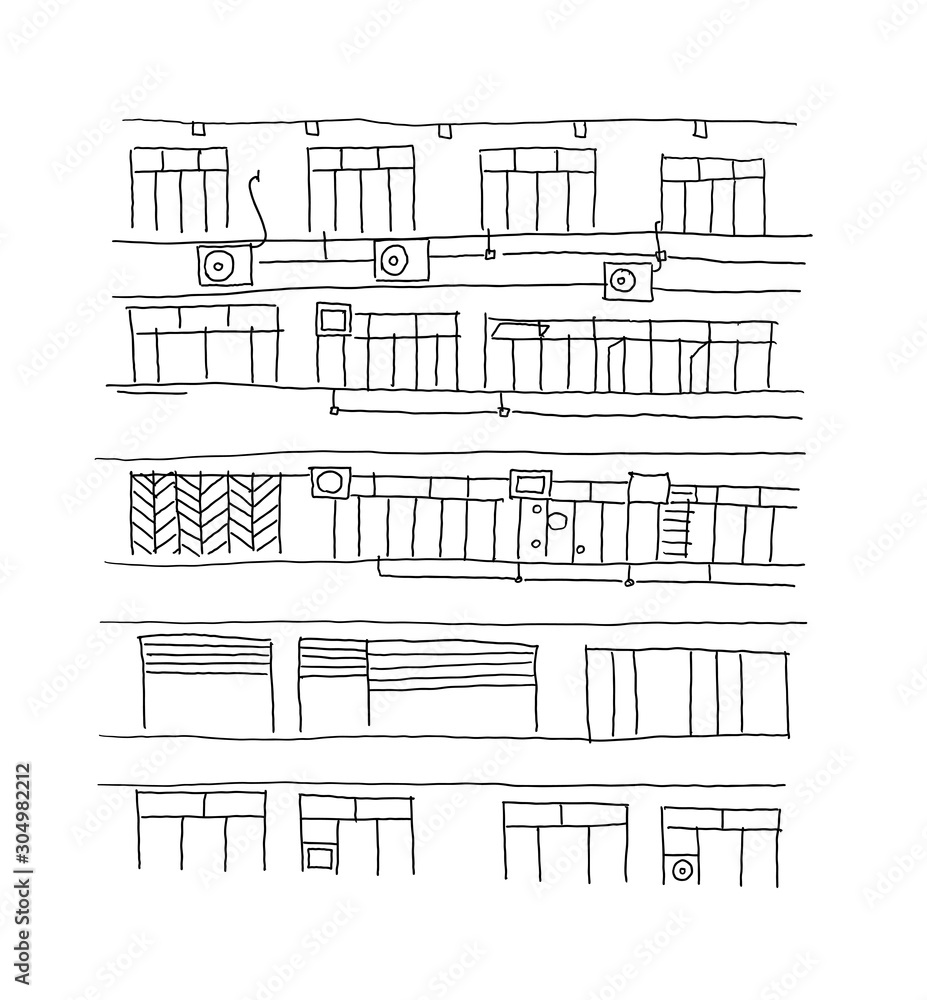 Wall of a building sketch with windows and air conditioning. Hand drawn vector black line.