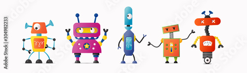 Set of cute vector robot characters for kids. Funny retro style robotics