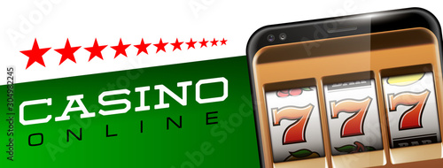 Illustration banner of mobile online casino application with 777 big win slot machine. Realistic advertising poster with online mobile app casino and Jackpot 777. Play now in One Armed Bandit banner