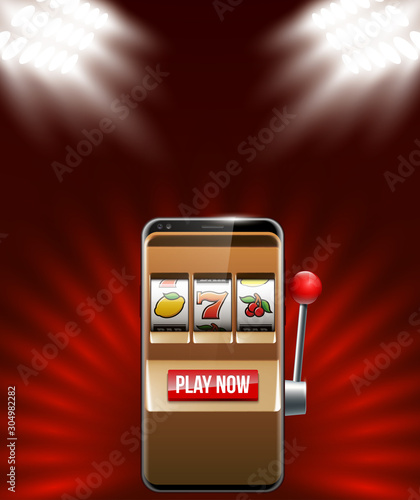 Illustration banner of mobile online casino application with 777 big win slot machine. Realistic advertising poster with online mobile app casino and Jackpot 777. Play now in One Armed Bandit banner