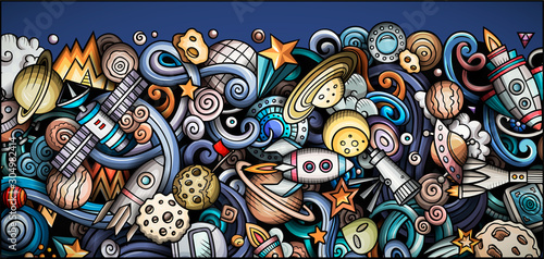 Space hand drawn doodle banner. Cartoon detailed illustrations.