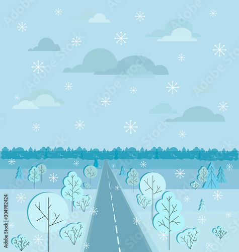 Highway or motorway. Winter landscape. Autobahn. Snowy skyline, landscape with highway, freeway, trees, pines and hills.