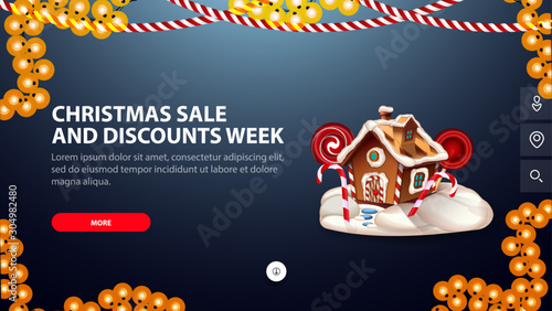 Christmas sales and discount week, blue banner with button, garlands and Christmas gingerbread house for website