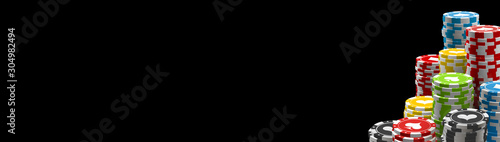 banner 3d realistic big stack poker chips isolated on black background with empty place for text. blank poster template with lucky big win. Jackpot online casino bet illustration