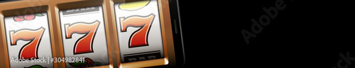 banner 3d realistic online casino Slot machine with 777 isolated on black background and empty place for text. blank poster template with application One Armed Bandit in smartphone online casino