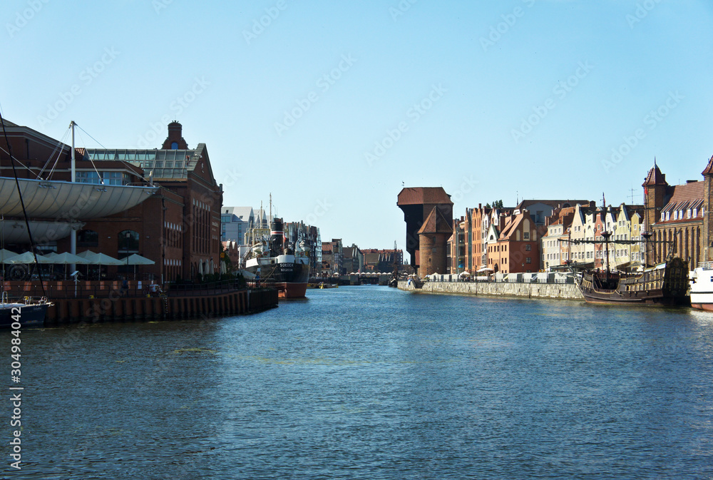 10 August, 2019. Poland, Gdansk. Motlawa river. Architecture of the old town in Gdansk, Poland.