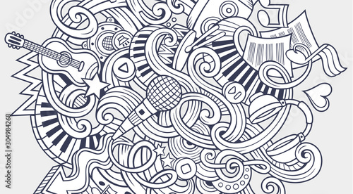 Music hand drawn doodle banner. Cartoon detailed illustrations.