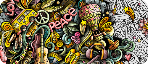 Hippie hand drawn doodle banner. Cartoon detailed illustrations. © balabolka