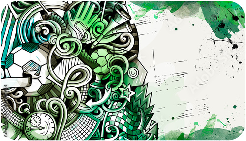 Soccer hand drawn doodle banner. Cartoon detailed illustrations.