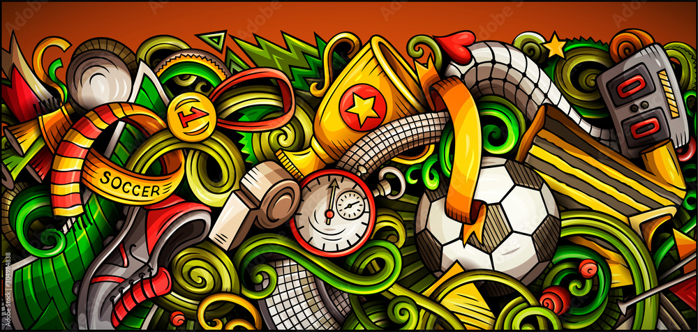 Soccer hand drawn doodle banner. Cartoon detailed illustrations.