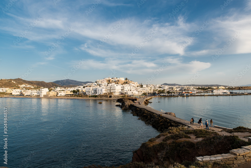 Panorama of capital and port of Naxos, chora, from Portara area, Cyclades, Greece