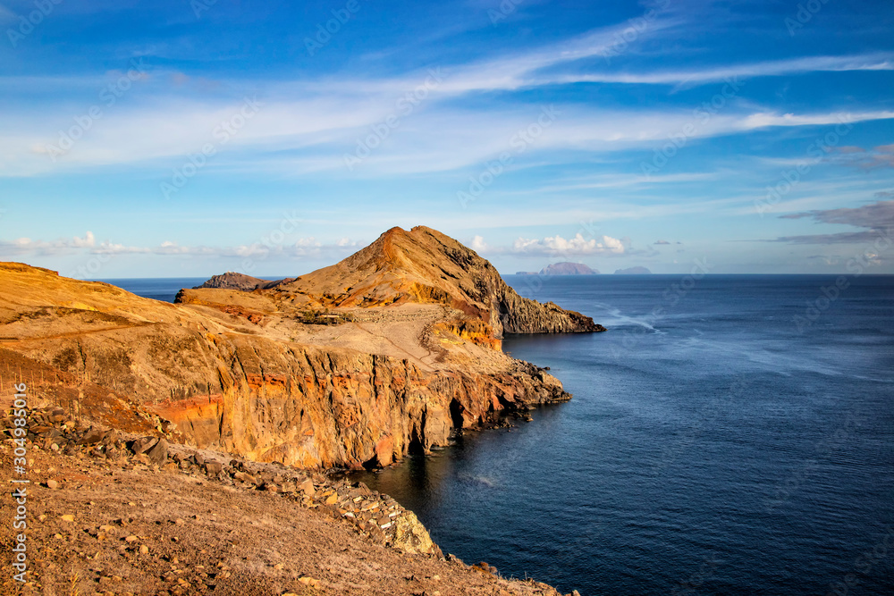 Sunset over Maderia island landscape, Ponta de sao Lourenco. It is nature background of a wonderful view of the sea cliffs, Portugal. It is a natural background.