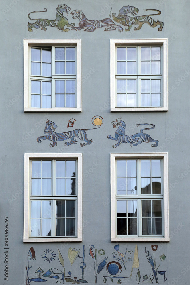 Gdansk, Poland - 06.06.2019: Window decoration of buildings in the old town.