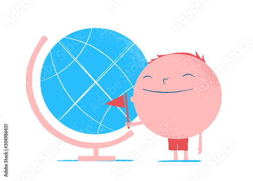 Round shape happy male cartoon character traveller - Vector 