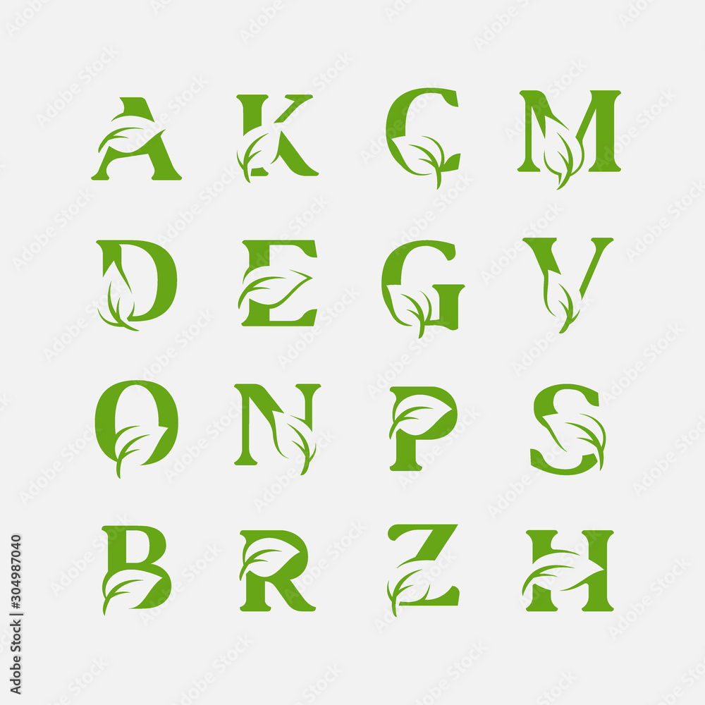 set of Vector green alphabet eco logo with leaves, Green Eco Alphabet Vector icon,set of initial with nature logo design inspiration. set of Vector green alphabet eco logo with leaves, Green Eco Alphabet Vector icon,set of initial with nature logo design inspiration.