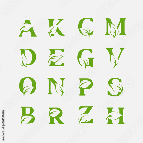 set of Vector green alphabet eco logo with leaves, Green Eco Alphabet Vector icon,set of initial with nature logo design inspiration.