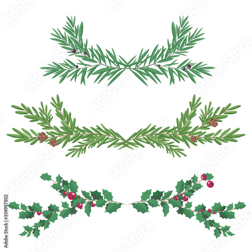 Decorative Floral Christmas Dividers  Fir and holly Branches. Holly berry  pine branch and cones. Decoration for traditional wreath on door to Christmas  New year. For greeting card  vignette  banner.