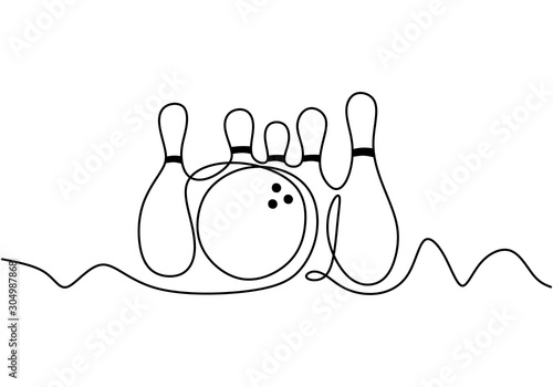 Bowling game continuous one line drawing vector illustration. Sport theme sign and symbol with ball and pins isolated on white background.