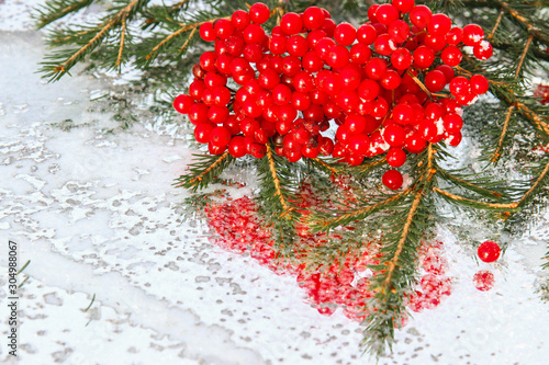 Christmas fir branch with red berries. selective focus