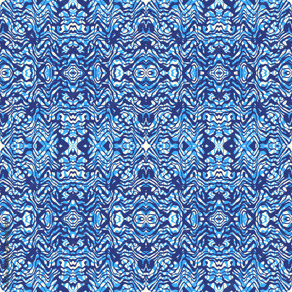 Seamless blue pattern with hand-drawn abstract design elements. Vector Illustration