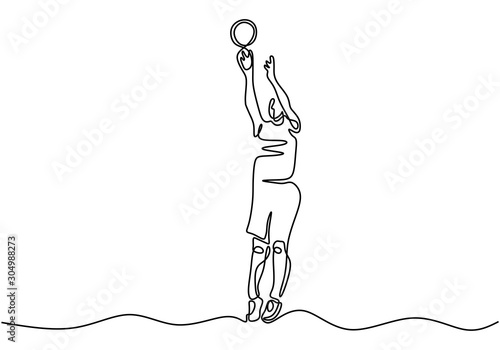 Continuous one line drawing basketball player shot a ball. Person athlete doing slam dunk during sport game. Vector illustration minimalism.