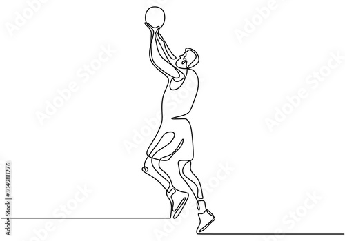 Continuous one line drawing basketball player shot a ball. Person athlete doing slam dunk during sport game. Vector illustration minimalism.