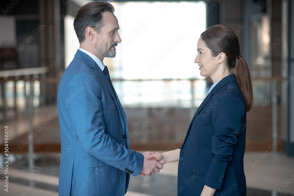 Businessman and businesswoman shaking their hands before serious negotiation Businessman and businesswoman shaking their hands before serious negotiation