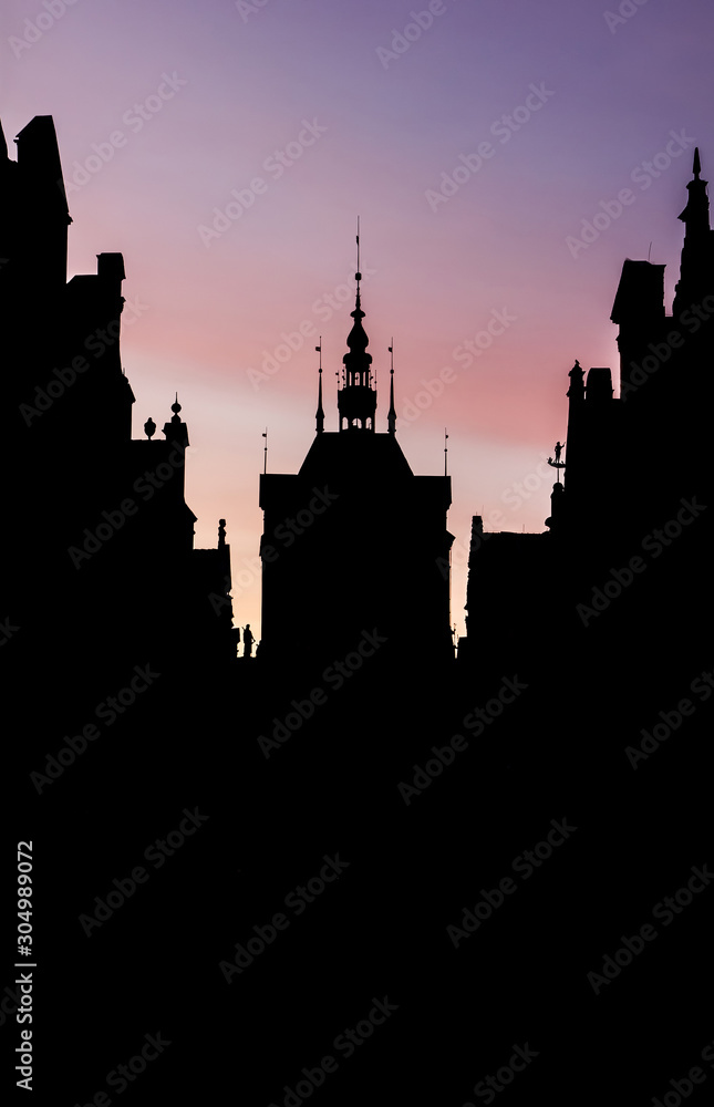 Nice Gdansk old town silhouette with beautiful sunset sky on background