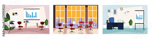 office rooms set , room interiors with office tables, chairs and office supplies