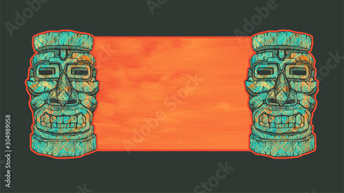 A die with an empty place for your inscription with Hawaiian tiki masks on the sides. vector illustration.
