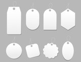 Mockup tag, paper label. Template blank tag for price shopping, hang sale, gift card. Luggage tag with cord. White paper labels with string for hanging. Blank sticker card sale. Isolated vector