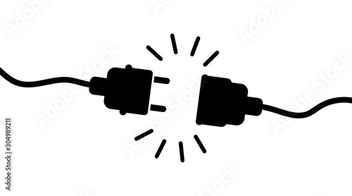 Electric socket and plug disconnect. Concept of 404 error connection. Electric plug icon and outlet socket unplugged. Circuit of plug connect off. Wire, cable of energy disconnect. Flat vector