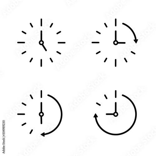 Passage of time icon. Countdown concept. Clock ticking clockwise. Set icon of speed in time. Round black chronometer. Deadline symbol on isolated background. Clock with arrow sign. Flat vector