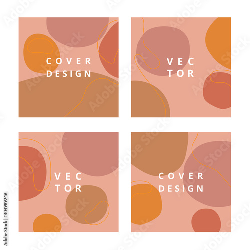 Abstract set of simple square backgrounds with round shapes in pastel colors. Modern design template with space for text. Minimal cover design. Geometry composition of circles. Vector illustration