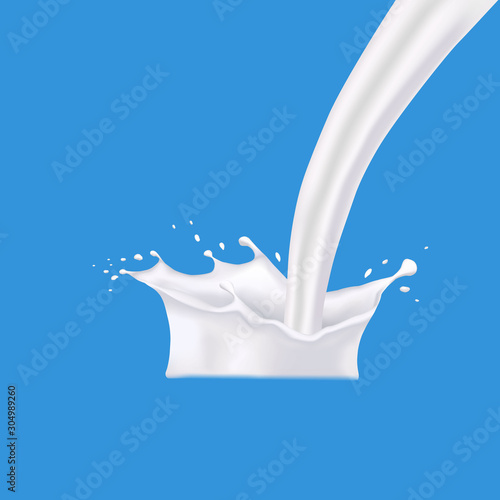 Milk or cream splash on blue background. Pour yogurt with swirl and drops. Farm product. Fresh milk shake with splashing. Wave flow of natural dairy products. Creamy food. vector illustration
