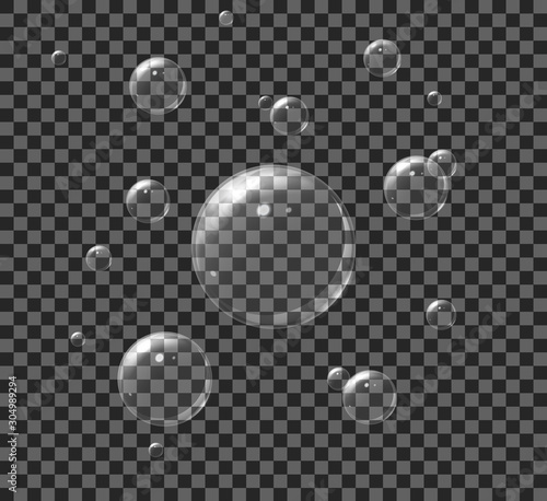 Air soap bubbles on transparent background. Set 3d aqua foam for bath. Realistic white soap ball of wash. Glossy liquid foam bubble. Water drop with reflection. Aqua ball isolated. vector