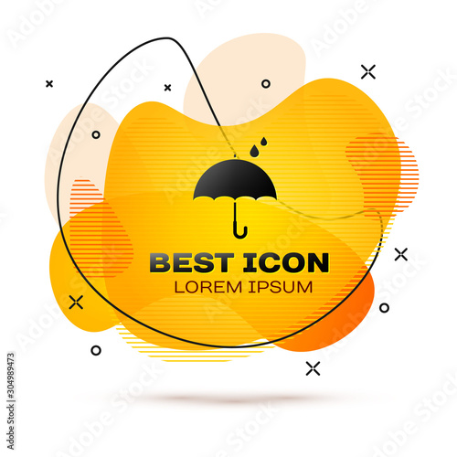 Black Umbrella and rain drops icon isolated on white background. Waterproof icon. Protection, safety, security concept. Water resistant symbol. Abstract banner with liquid shapes. Vector Illustration