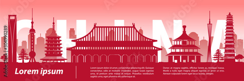 China famous landmark silhouette style,text within,travel and tourism,vector illustration