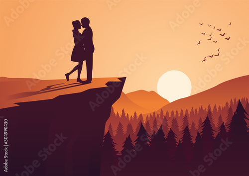 couple hug together near cliff and close to a pine forest,silhouette style,vector illustration