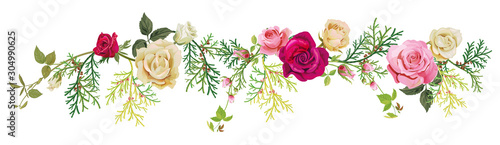 Panoramic view: red, white, pink roses, thuja (arborvitae). Horizontal border for Christmas: flowers, buds, leaves, green twigs, cones on white background, digital draw, watercolor style, vector © analgin12