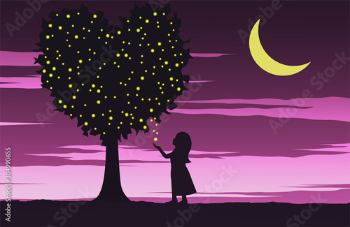 girl look to firefly on heart shape tree.mean to love fulfill with light,night time with pink color,vector illustration