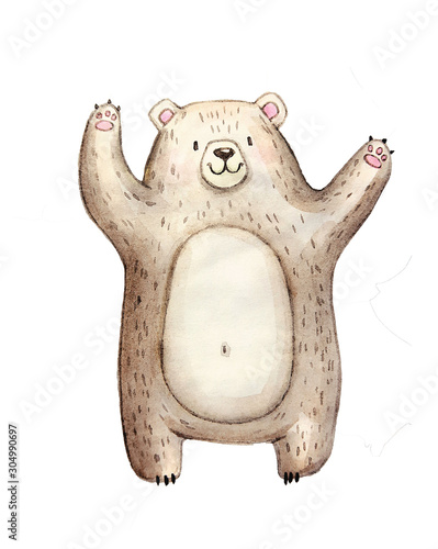 Cute watercolor bear, isolated illustration good for baby clothes print, children greeting card