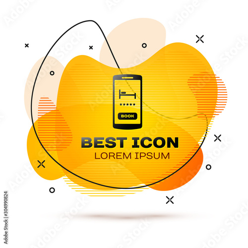 Black Online hotel booking icon isolated on white background. Online booking design concept for mobile phone. Abstract banner with liquid shapes. Vector Illustration