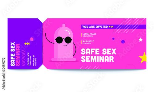 Vector illustration of Condom. Safe Sex seminar invite ticket template. 