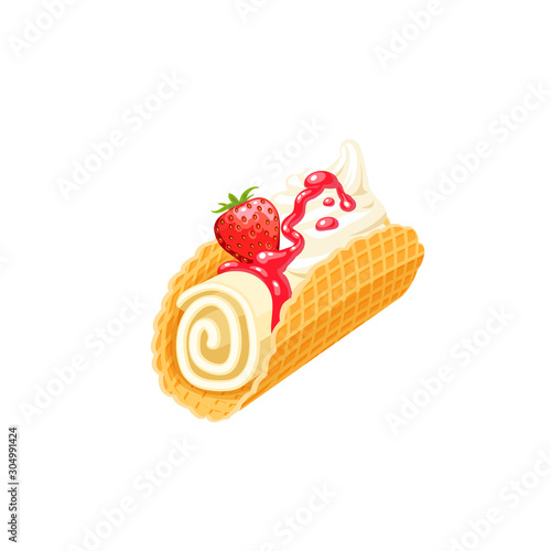 Rolled ice cream taco with jam and whipped cream decorated with strawberry. Vector illustration cartoon flat icon isolated on white.