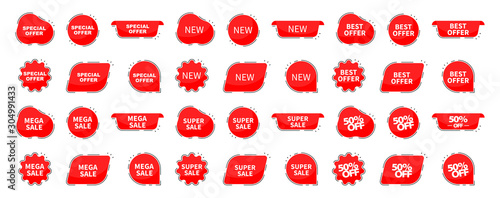Big collection tags, stickers, labels, badges, banners. Set banners with text on isolated background. Vector illustration