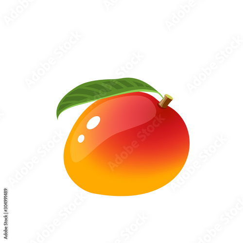 Mango, whole fruit with leaf. Vector illustration cartoon flat icon isolated on white.