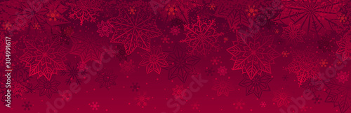 Red christmas banner with snowflakes. Merry Christmas and Happy New Year greeting banner. Horizontal new year background, headers, posters, cards, website.Vector illustration