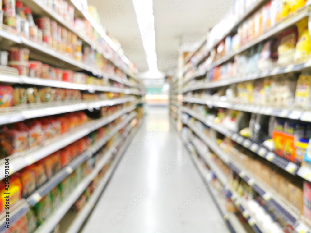 Convenience store shelves interior blur background , Blur Supermarket shelves  